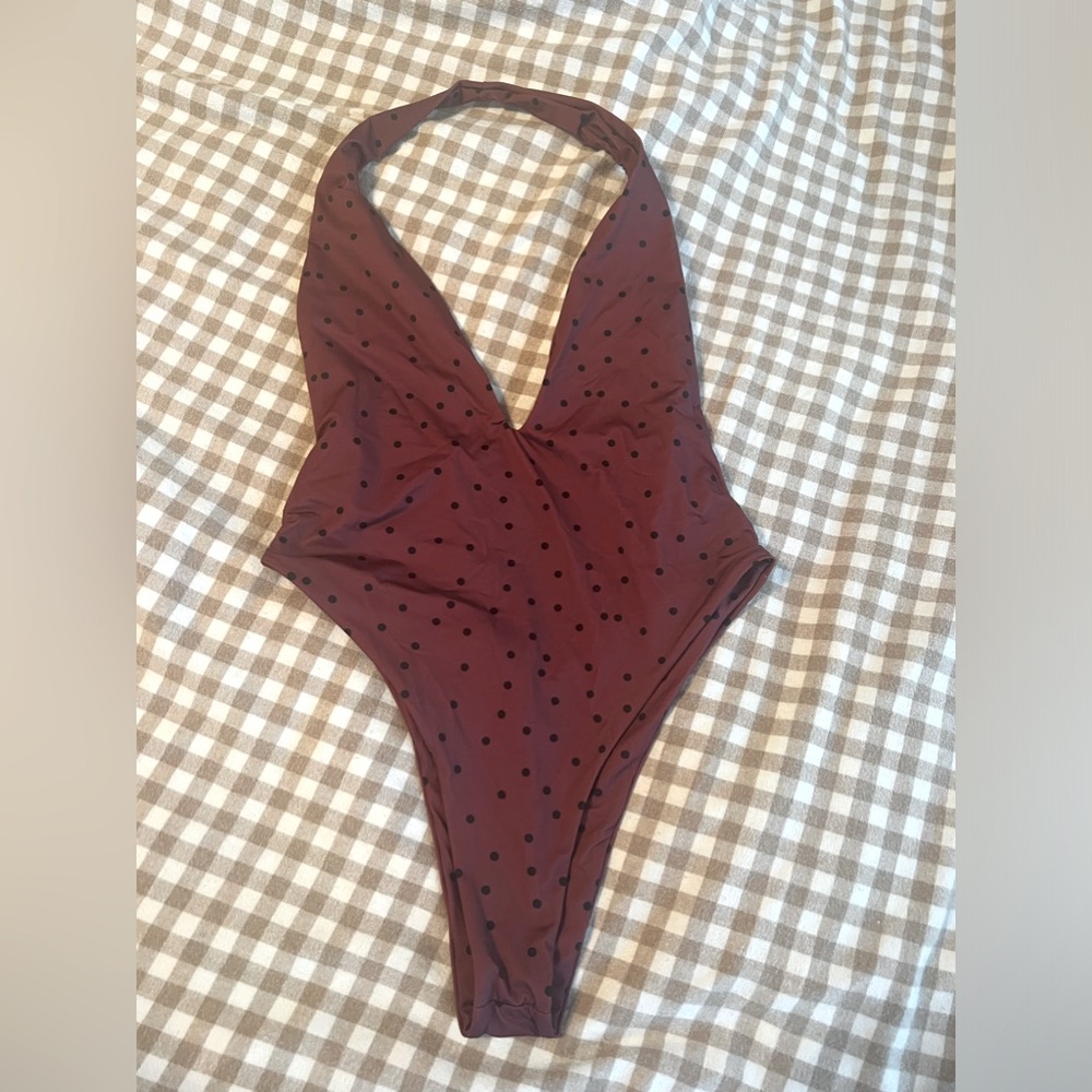 Inamorata burgundy polka dotted one piece, size L